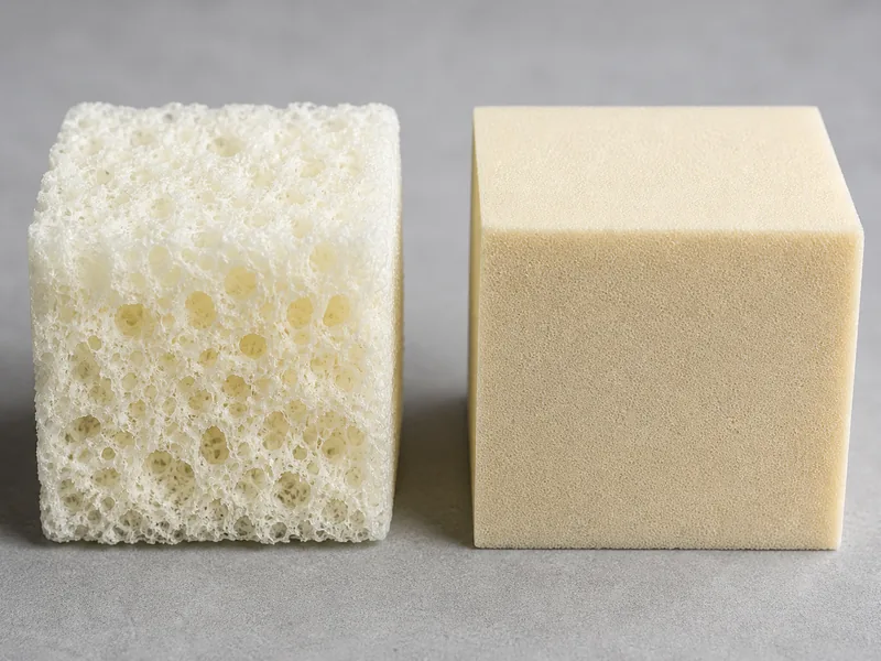 Open-cell and closed-cell spray foam samples showing their density difference