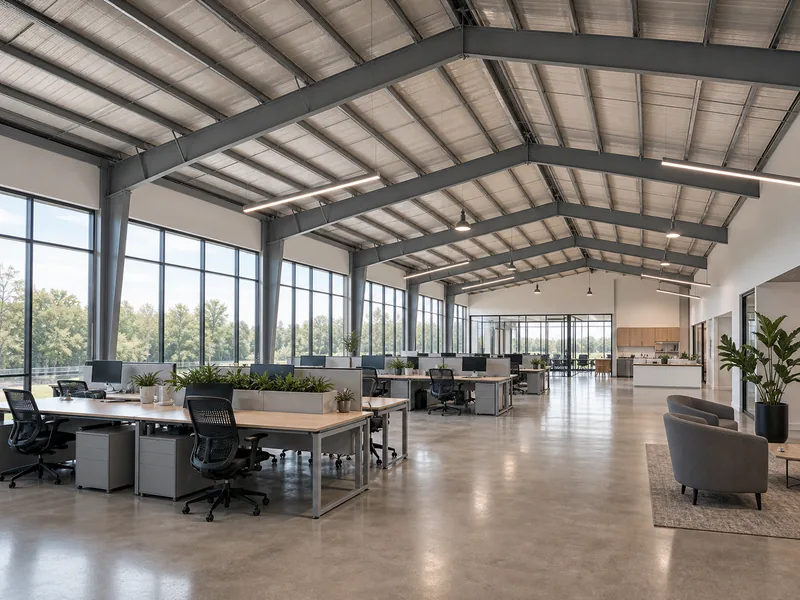 Open-plan clear-span office interior with no interior columns and daylight