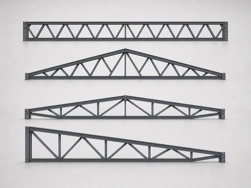 Open-web truss profiles compared, from parallel-chord to pitched, scissor, and single-slope roof lines