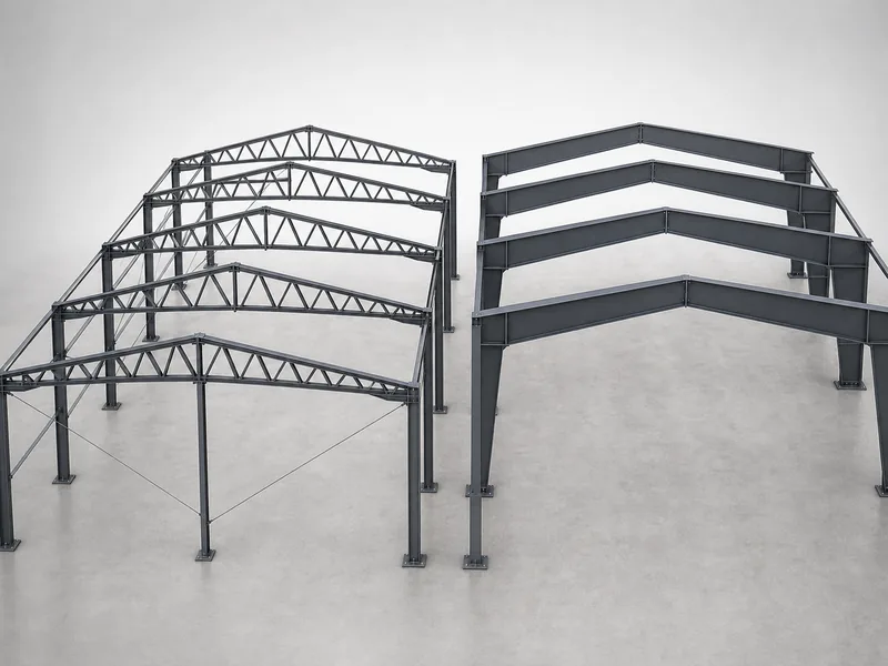 Open-web steel truss next to a tapered rigid frame, comparing clear-span steel use and overhead service routing