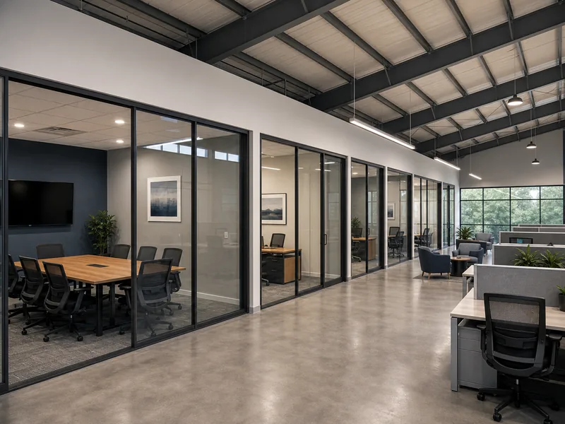 Partitioned metal office with enclosed meeting rooms for acoustic privacy