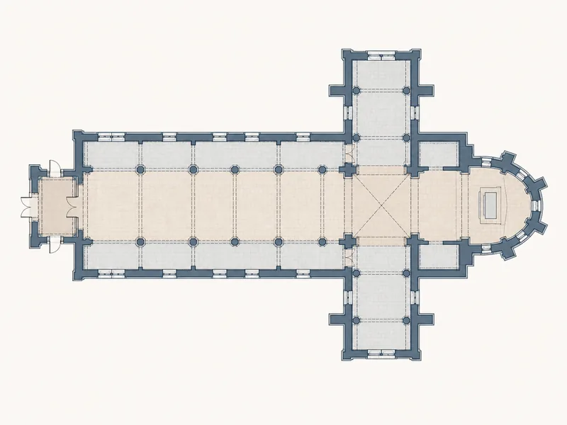 Diagrama de planta de las partes de un edificio de iglesia con distribución cruciforme
