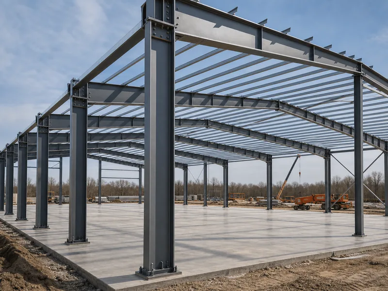 Pre-engineered metal building under construction with bolt-up rigid-frame steel rising on a concrete slab