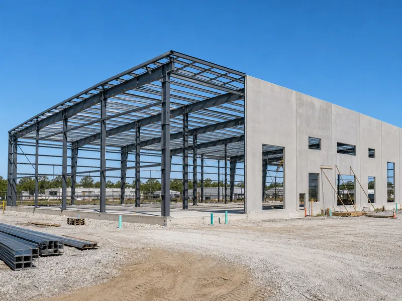 Estructuras de marco de acero PEMB, hormigón prefabricado y muros híbridos lado a lado