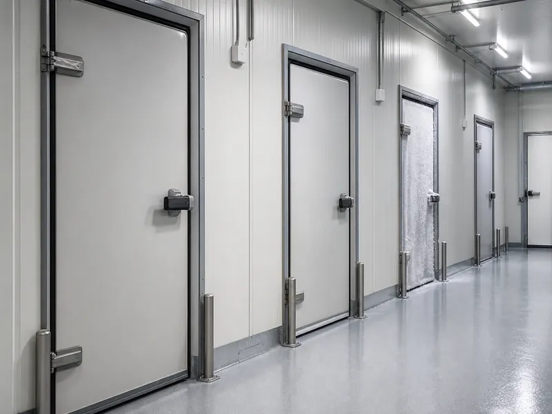 Row of insulated cold-room doors for separate pharmaceutical storage temperatures