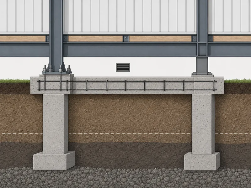 Pier and beam foundation cross-section showing piers, grade beam, and anchor bolts