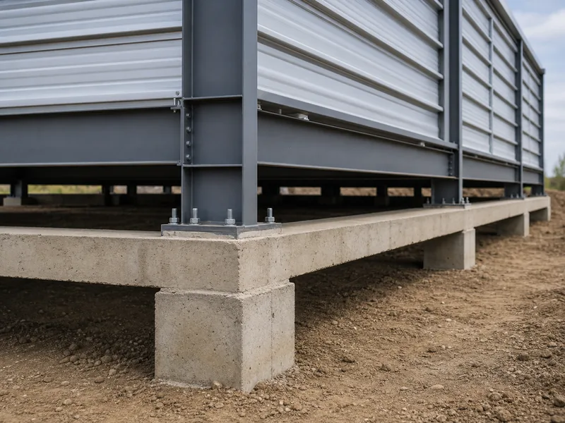 Steel building elevated on concrete piers with a ventilated crawl space below