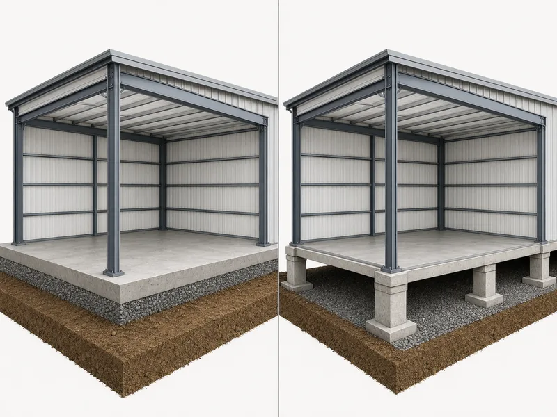 Concrete slab and pier foundation shown side by side for a steel building