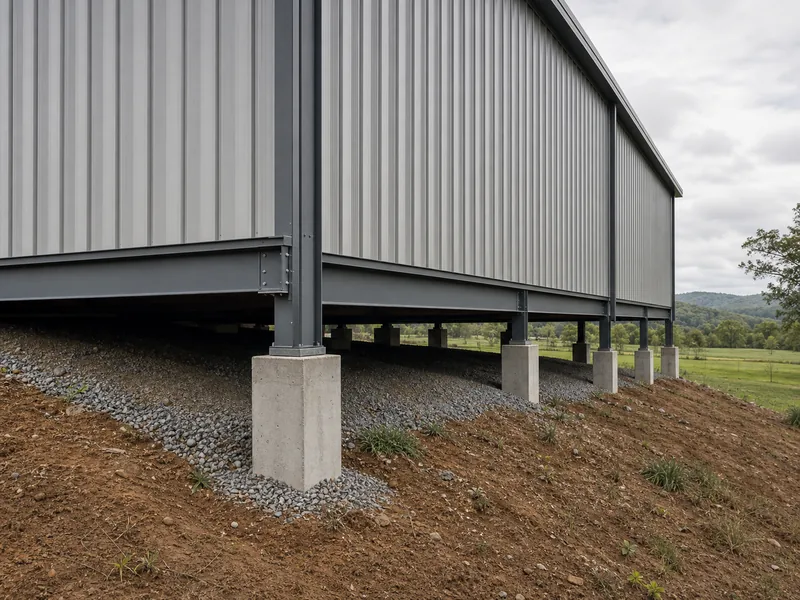 Rural metal building on a pier foundation over sloped ground