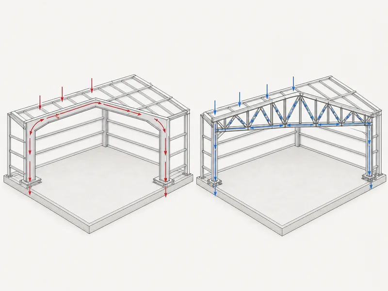Load path comparison showing a rigid moment frame and a triangulated truss