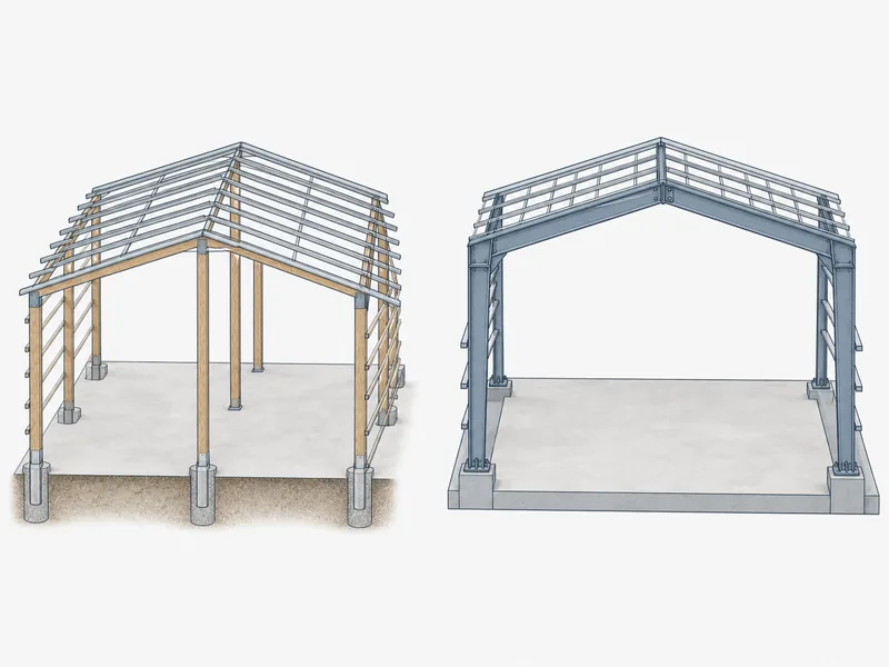 Post-frame posts beside a clear-span steel rigid frame