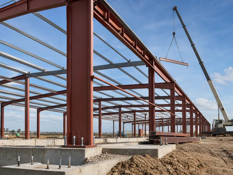Estructura de almacén de acero pre‑diseñada siendo ensamblada mediante tornillos durante la construcción