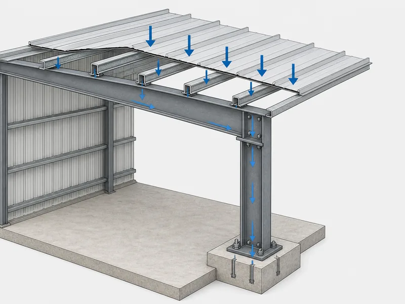 Roof load path from panel through purlin to rafter and column