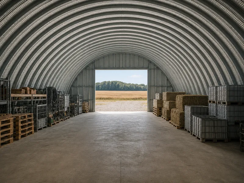Open column-free interior of a used for equipment storage