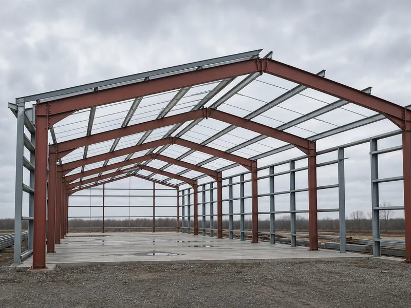 Engineered rigid-frame steel building with full-height vertical walls