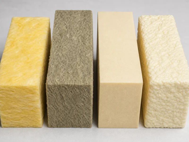 Stacked samples of fiberglass, spray foam, and rigid board insulation