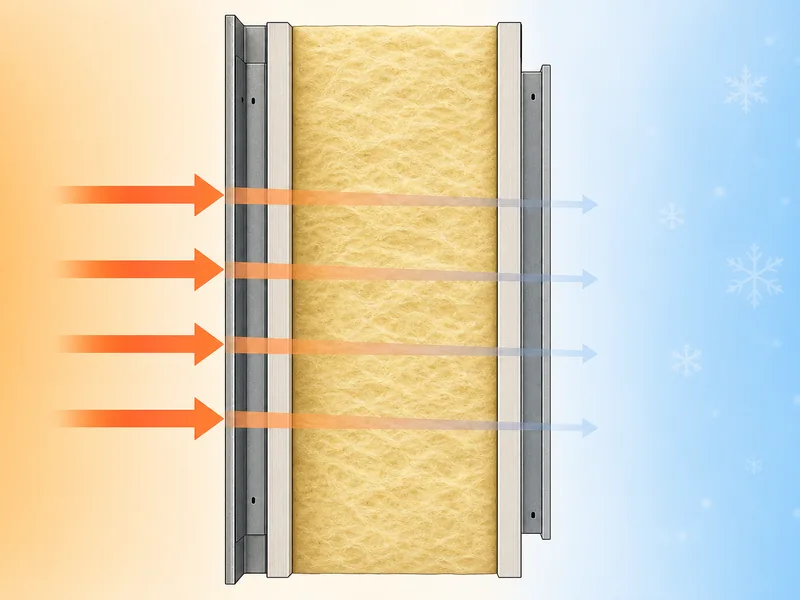 Diagram of heat flowing through an insulation layer showing thermal resistance