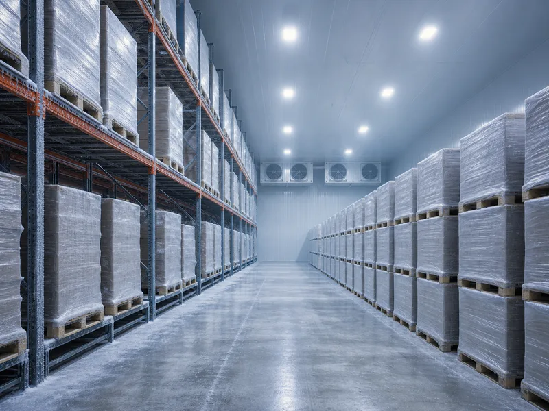 Racked pallet positions beside floor-stacked bulk pallets in a cooler