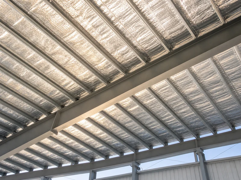 Reflective radiant barrier foil under the metal roof panels of a sunny-climate building