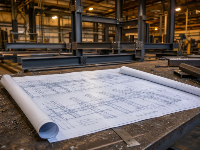Rolled-out steel structural drawings beside a fabricated steel frame on a shop table