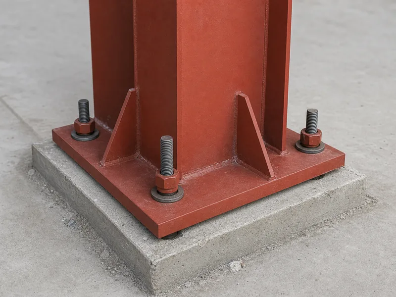 Red iron building anchor bolts and base plate connection set into a concrete foundation
