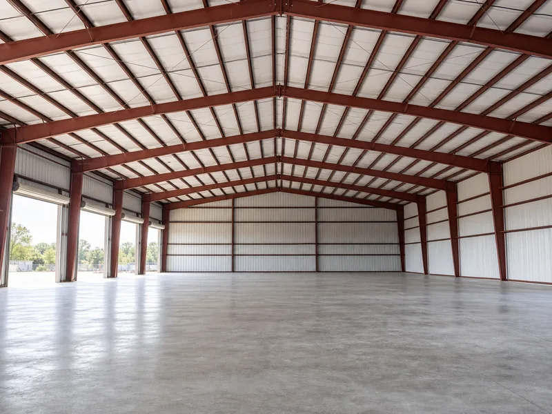 Column-free interior of a red iron building warehouse with wide clear-span steel framing overhead