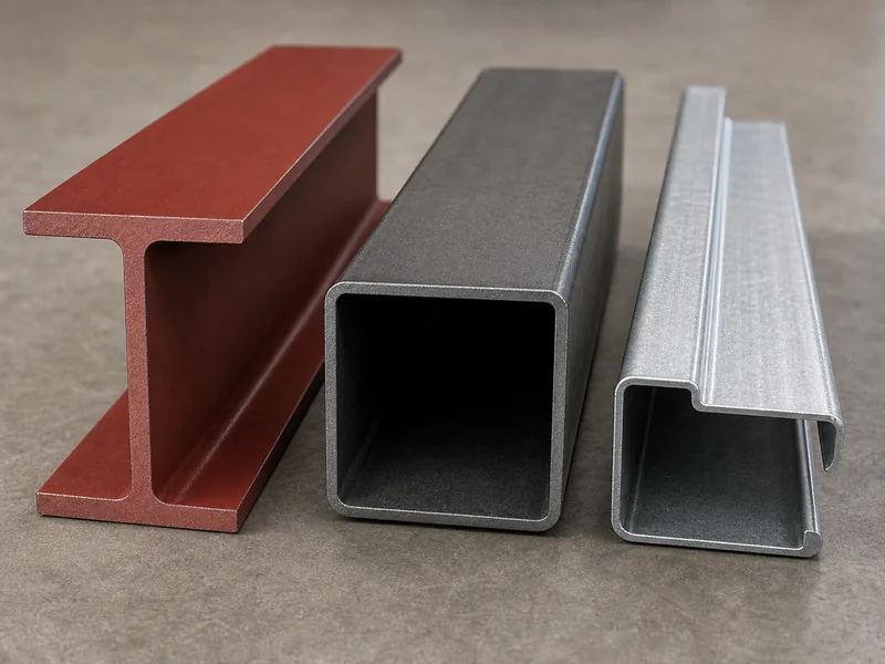 Cross-section comparison of red iron I-beam, tube steel, and cold-formed light-gauge framing profiles