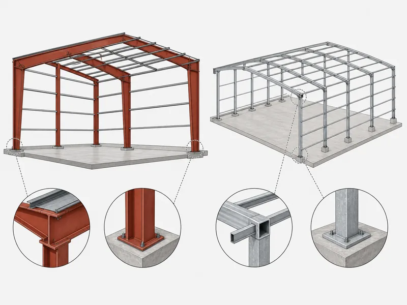 Cut-away of a hot-rolled red iron I-beam frame beside
