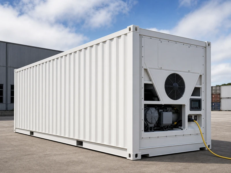Refrigerated shipping container parked on site for mobile cold storage