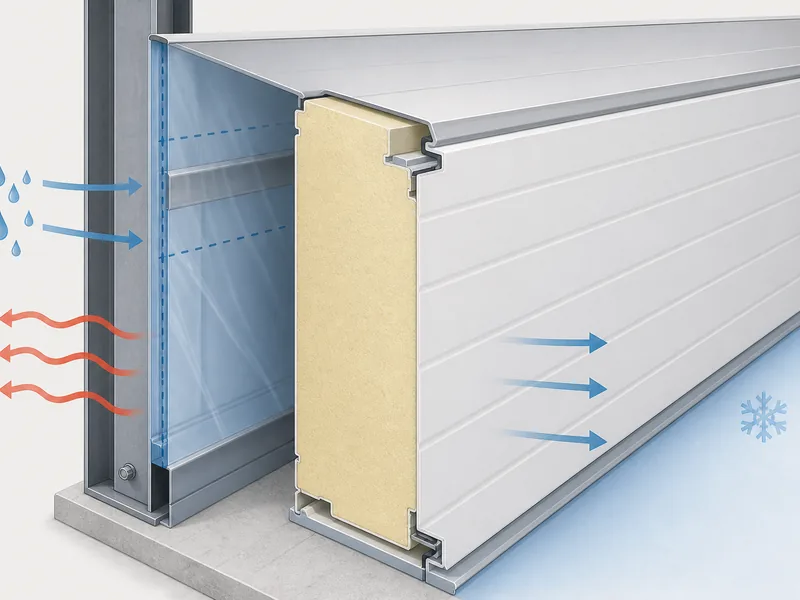 Insulated metal panel wall section showing the warm-side vapor barrier and joints