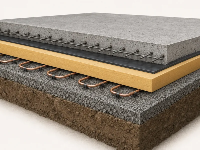 Freezer floor build-up with under-slab insulation and heating loop above subgrade