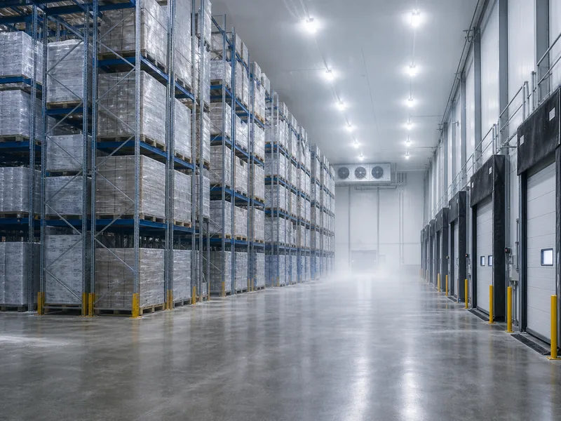 Pallet racking and insulated dock doors inside a refrigerated warehouse