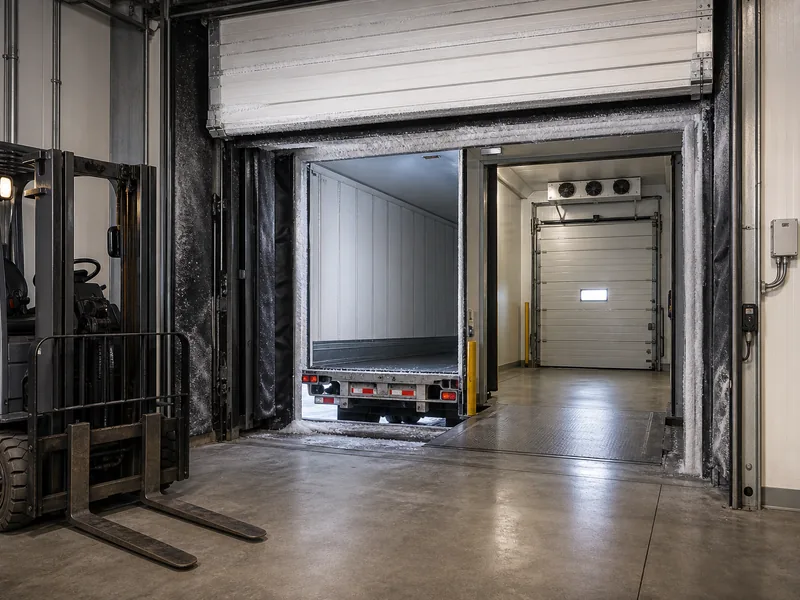 Cold storage loading dock with dock seals and an insulated high-speed door