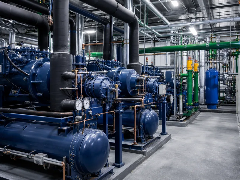 Industrial refrigeration compressors and piping in a cold storage engine room