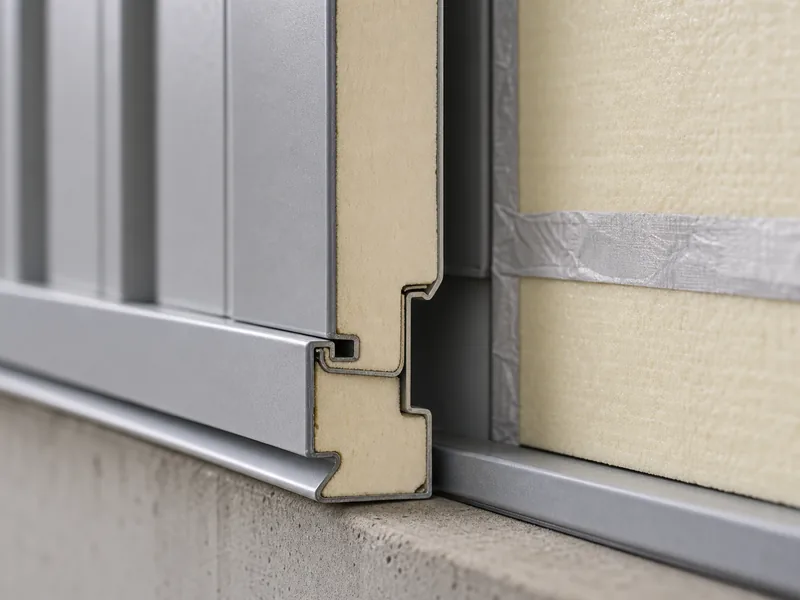 Rigid board and insulated metal panel joint on a hangar wall