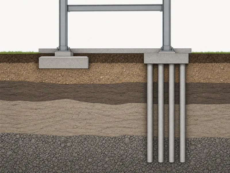 Cross-section comparing shallow footings and deep piles in soil