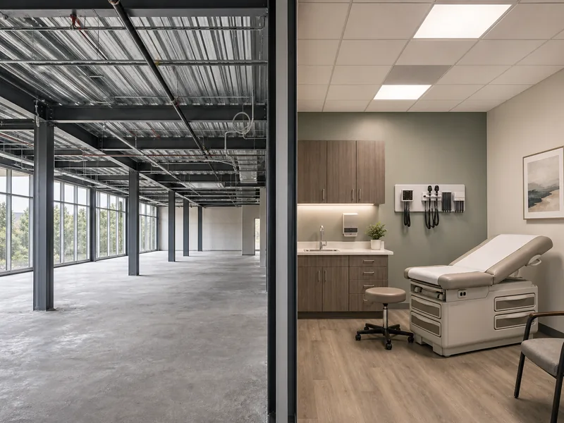 Bare steel shell interior beside a finished clinical exam-room build-out
