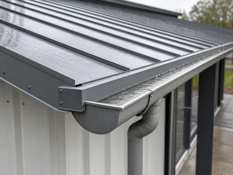 Single low eave gutter and downspout sized for one-way roof drainage