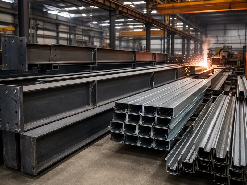 Steel structure fabrication shop producing H-beam frames and C and Z