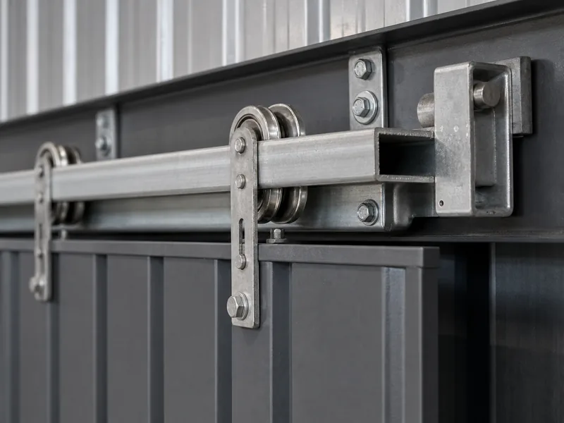 Top track, trolley hangers and bracket carrying a heavy sliding door leaf