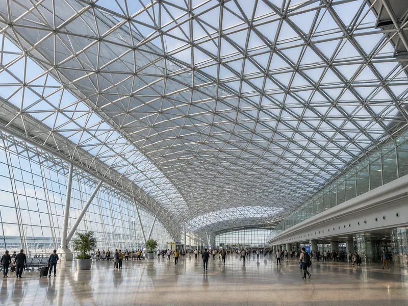 Space frame roof spanning a column-free airport terminal