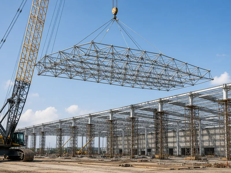 Space frame roof grid being lifted into place during erection