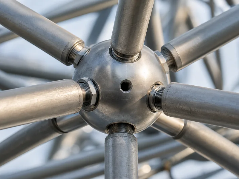 Steel ball-joint node connecting tubular struts in a space frame