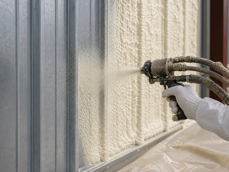 Spray foam being applied to a metal building wall in even passes