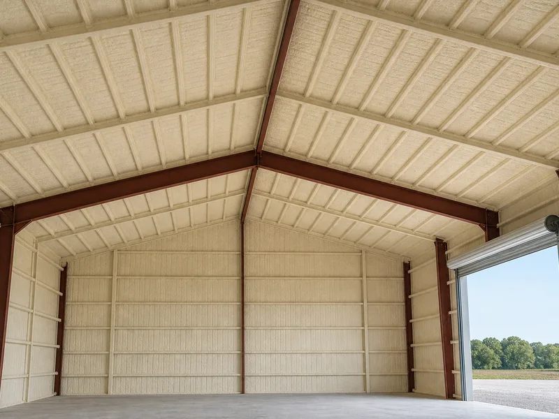 Home 57 Closed-cell spray foam coating the interior steel panels of a metal building