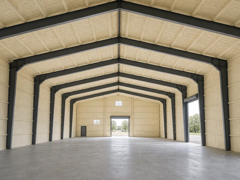 Spray foam covering the roof and walls inside a large metal building