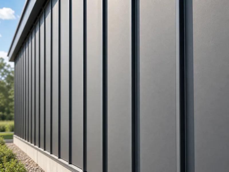 Standing seam metal cladding with concealed clips on a vertical wall