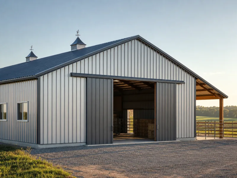 Home 57 Steel agricultural building with metal roof and walls on a working farm