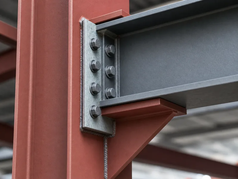 Close-up of a bolted beam-to-column connection with end plate and gusset