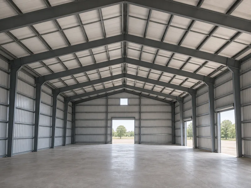 Clear-span steel building interior showing purlins and Z-girts ready for insulation